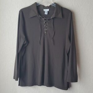 Avenue plus size ribbed long sleeve lace up olive green top 22/24